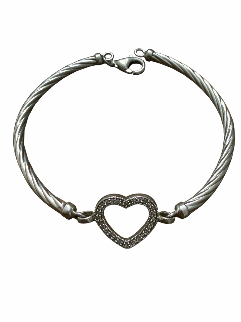 925 Sterling Silver Cable Cuff Heart Bracelet Clear Stones 6.75g 7”